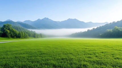 Fototapeta premium Misty mountain valley, serene green field