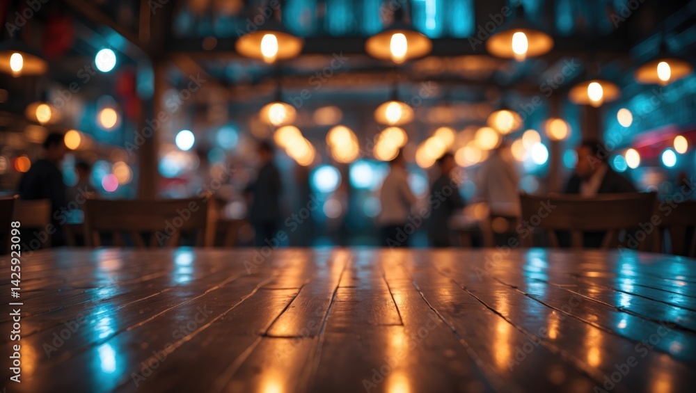 Poster wooden table surface in a dimly lit cafe setting with blurred background and bokeh effects