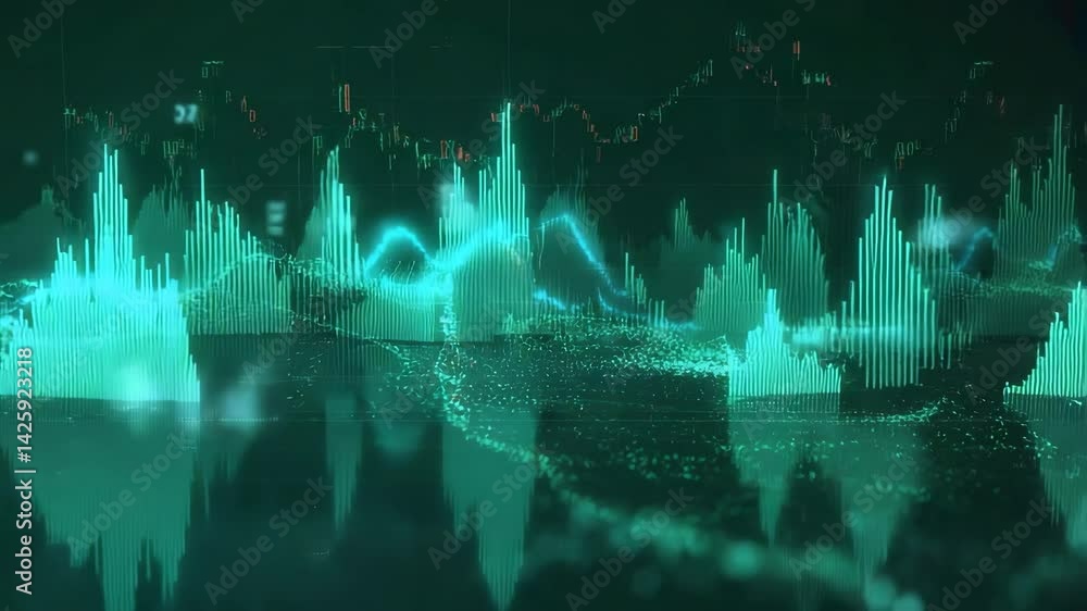Poster futuristic audio waveform visualization in turquoise, digital sound waves moving with data particles