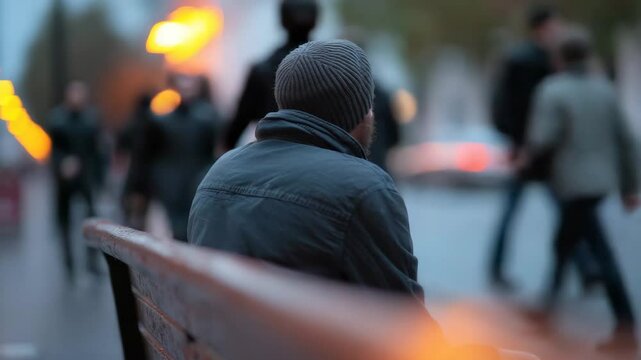 Title: Man in beanie sitting alone on city bench at dusk, observing blurry crowd walking past &ndash; solitude, urban life and contemplation theme