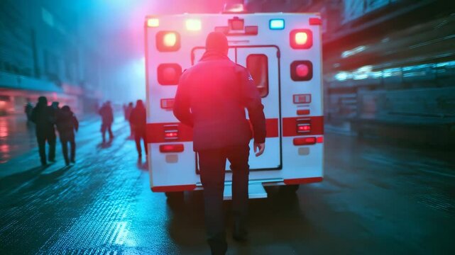 Paramedic walking toward ambulance on wet city street at night, emergency lights flashing in neon haze &ndash; Urgency, public service, urban life