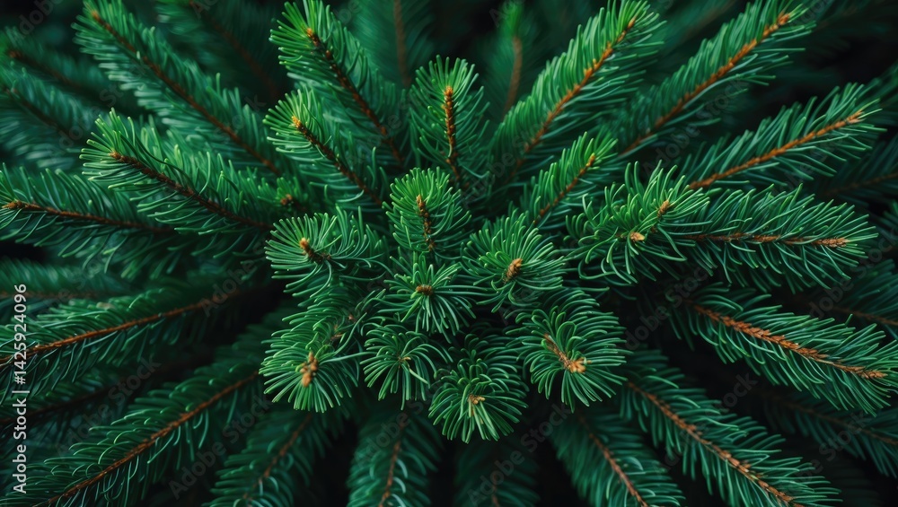 Poster close-up of a fir tree branch with shallow focus and fluffy needles, wallpaper background with space