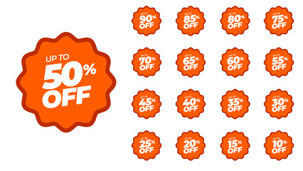 Sticker starburst badge rounded corner, promo badge round shape. Special offer discount on Orange tags with different value percent off 90, 85, 80, 75, 70, 65, 60, 55, 50, 45, 40, 35, 30, 25, 20, 15, 