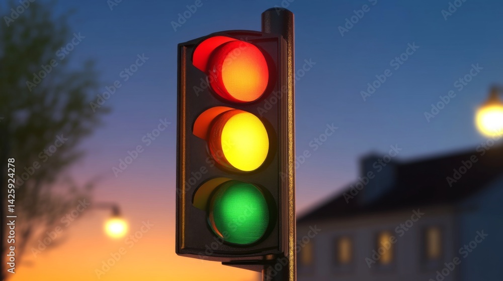 Poster A traffic light showing a red signal, positioned in front of a building with soft evening sky in the background, creating a serene yet alert mood in a quiet urban setting