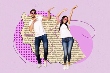 Contemporary artwork collage of two happy girl guy dance together weekend celebration party chill...