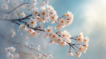 Cherry blossom branches with blue sky background in spring scene