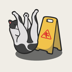 Caution Wet Floor, Slip Cat Meme Sticker T-shirt Vector Cute Illustration