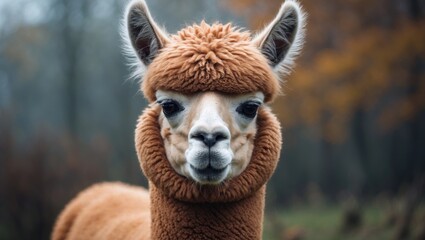 Fototapeta premium Close-up of a redhead alpaca's face in nature