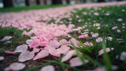 Cherry blossom petals scattered on the grass in a peaceful spring landscape