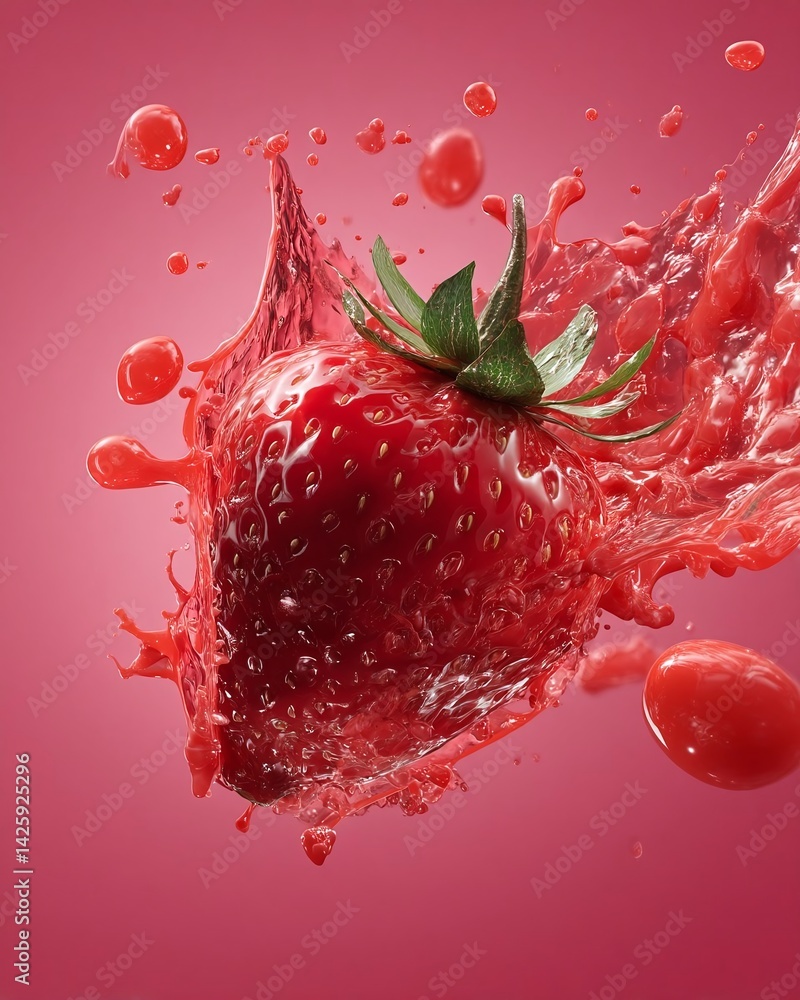 Poster fresh strawberry splashing in vibrant red liquid against a pink background, creating a dynamic scene