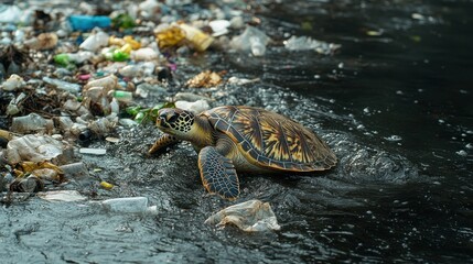 Turtle in polluted water