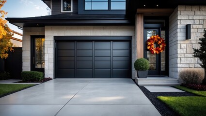 Obraz premium Modern black panel metal garage door featured on a luxury contemporary house with a concrete driveway and a glass door framed in black