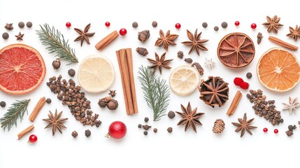 Obraz premium Dried Citrus Fruits Spices Star Anise Cinnamon Sticks Festive Winter Holiday Season Ingredients Aromatic Natural Food Photography White Background Mulled Wine Recipe Decoration cozy warm lemon sweet 