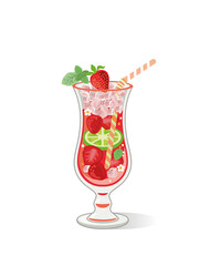 Vector illustration of strawberry-mint cocktail in a hurricane glass on a white background