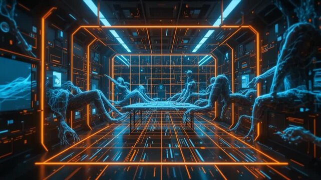 Abstract Digital Meeting Room with Futuristic Design and Alien Figures Concept