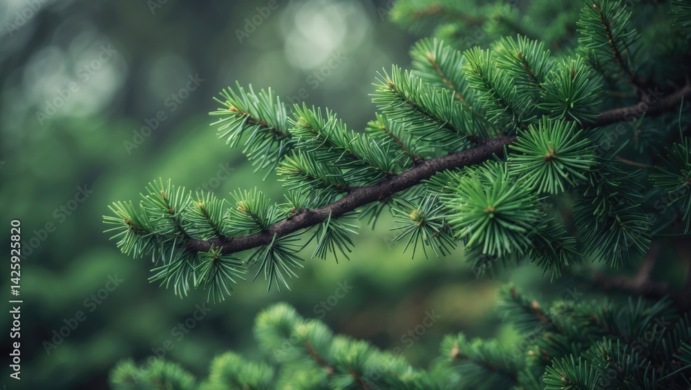 Poster close-up of fir tree branch with shallow focus and fluffy background