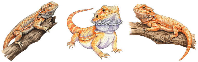 Three orange bearded dragons resting on wood, watercolour clipart illustration collection isolated on a transparent background