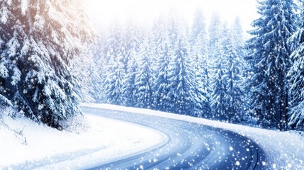 Obraz premium Winter Road in Snow: A winding road traverses a snow-covered landscape, flanked by majestic, snow-laden fir trees, as a soft, ethereal light filters through the winter atmosphere.