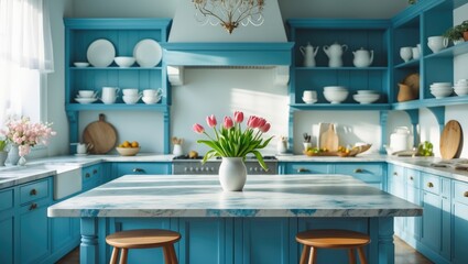 Stylish kitchen decor featuring blue accents, floral arrangements, and dining essentials