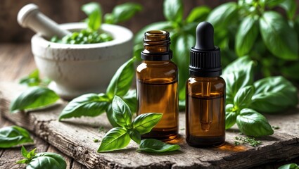 Fresh basil leaves and essential oil arranged on a textured background highlighting aromatherapy and natural health treatments