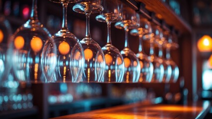 Empty glasses suspended above the bar