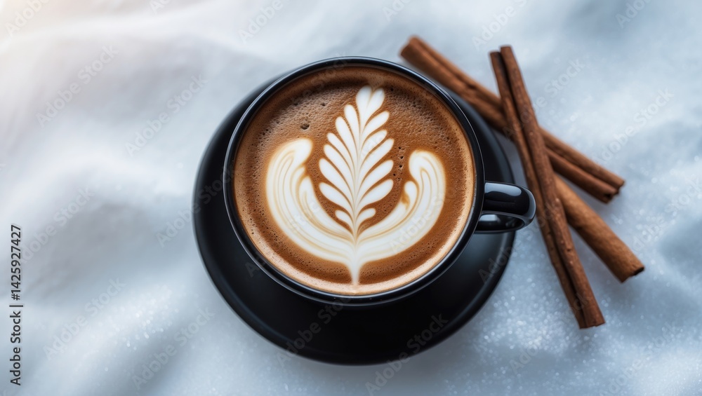 Poster side view of a hot latte coffee featuring latte art and cinnamon sticks on a plain background with c