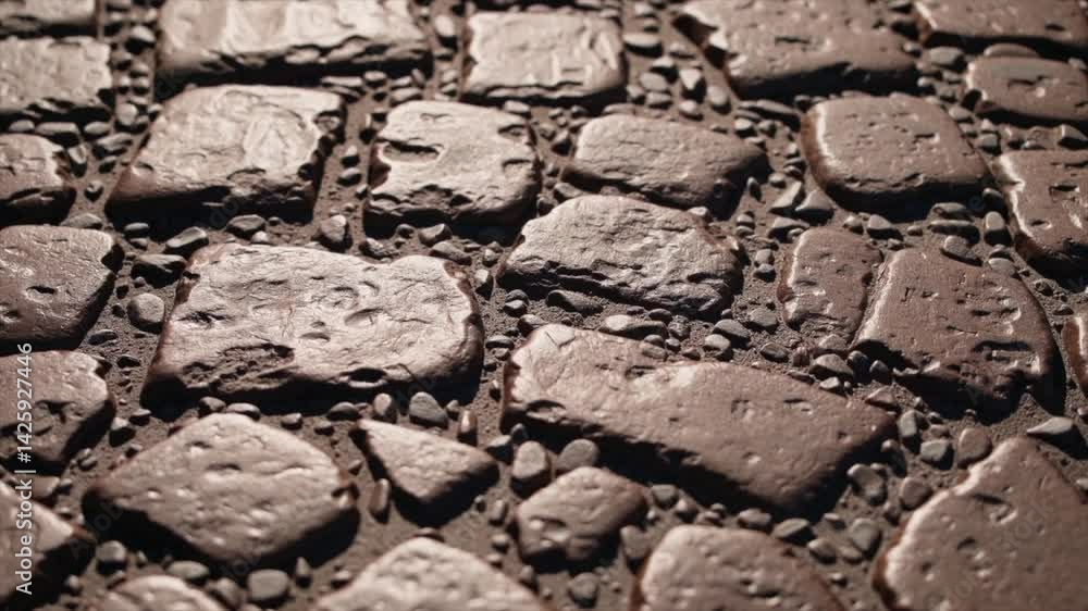Poster close-up view of textured cobblestones illuminated by soft light in an outdoor setting
