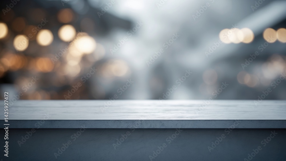Poster empty stone table surface against a gray blurred abstract background for product display or montage.