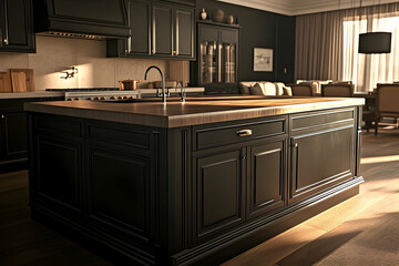 Elegant dark kitchen island with natural light.