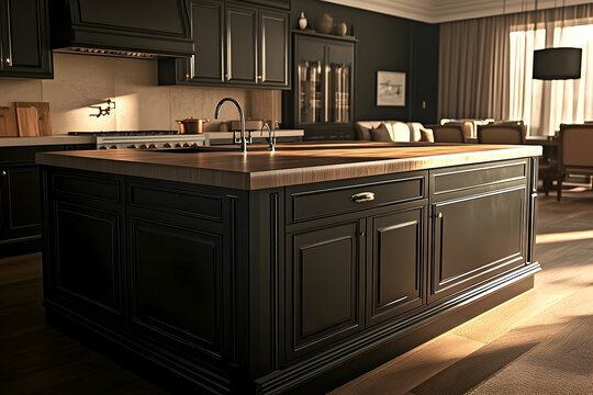 Elegant dark kitchen island with natural light.