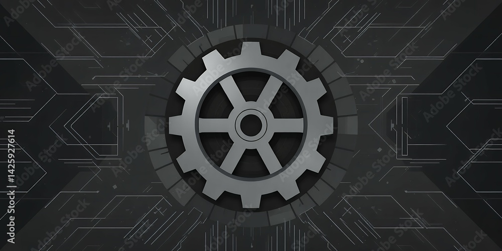 Poster a centered gray gear with six spokes on a dark background with geometric line patterns around it