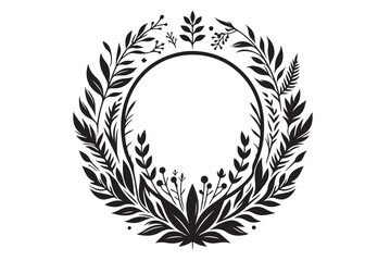 botanical circle frame logo silhouette vector, leaf circle silhouette logo icon vector, floral wreath with leaves for wedding, botanical circle frame wedding flower on white background.