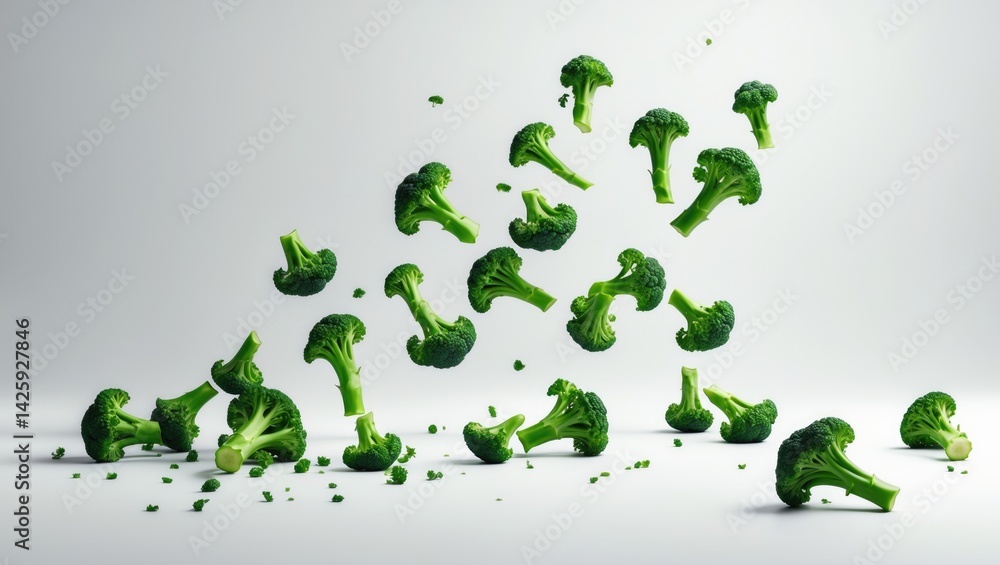 Aufkleber falling broccoli against a plain background with full depth of field, isolated with clipping path