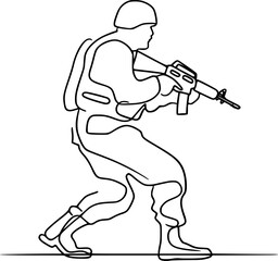 vector one line drawing of a military man with a weapon .Generative AI