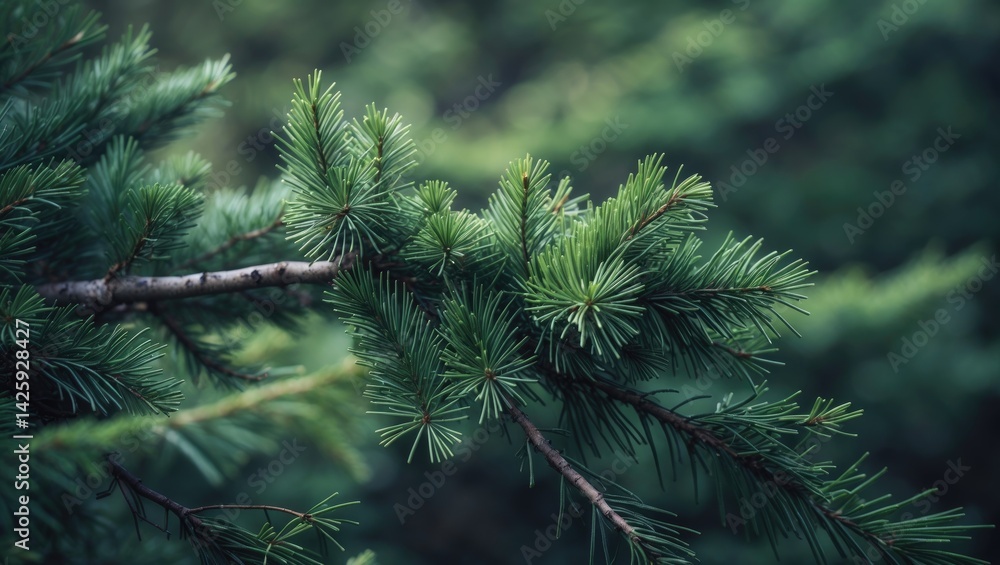 Poster close-up of a fluffy fir tree branch with shallow focus, wallpaper concept with a framed tree backgr