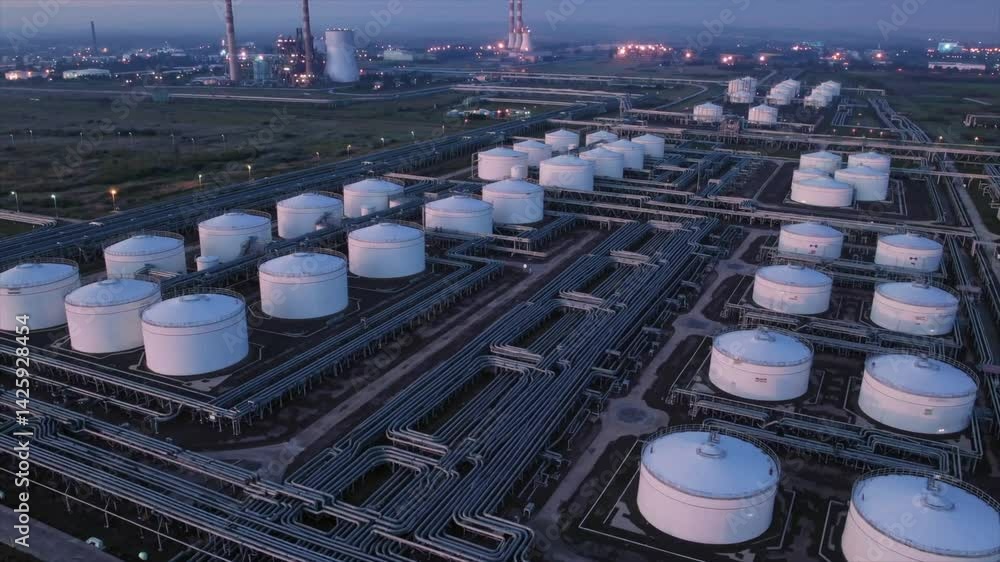 Poster oil storage facility at dusk with extensive pipeline networks and industrial structures in the backg