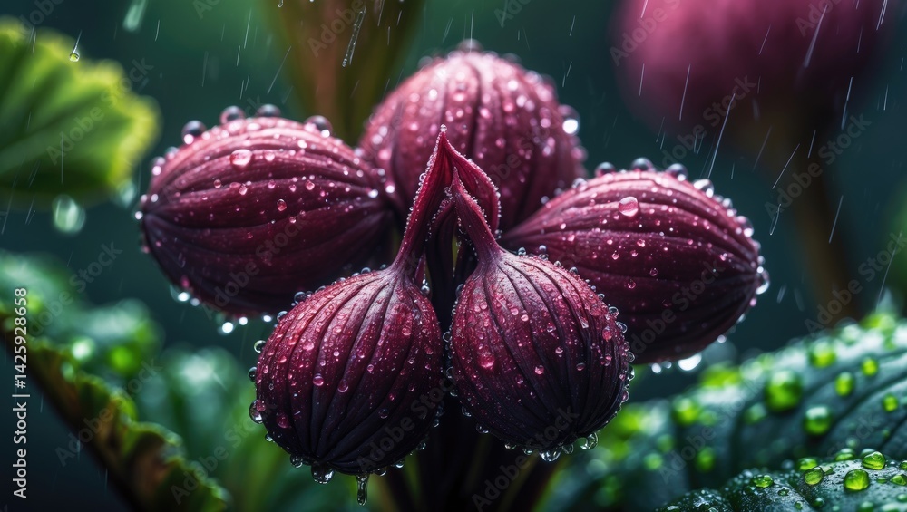 Poster close-up macro image of a flower bud with dew drops