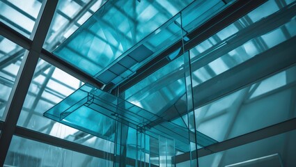 Reimagined photo of glass wall or ceiling supported by metal frames showcasing abstract modern architecture background. Segment of a high-tech building featuring polygonal geometric structure.