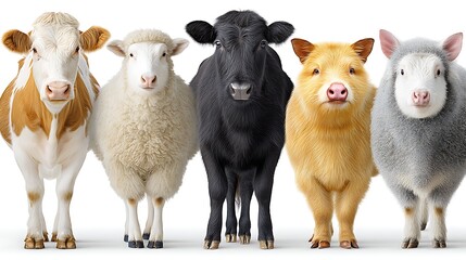 Fototapeta premium Group of Farm Animals Including Cow, Sheep, Pig on White Background