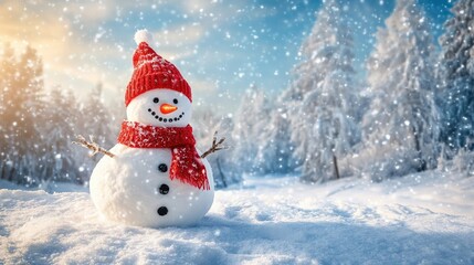 Obraz premium Panoramic view of a happy snowman in winter scenery