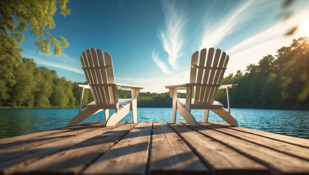 Relaxing scene of a wooden dock with white chairs overlooking a lake at sunrise in Muskoka, Canada