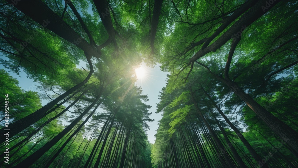 Poster viewing pine deciduous forest trees and canopy from below with wide angle background of trunks and b