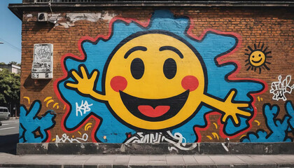 graffiti on the wall with super happy face emoji icon