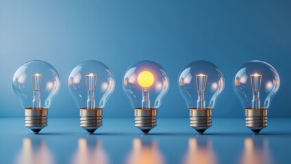 Five lightbulbs arranged in a row on a blue background, with one glowing bulb representing innovation.