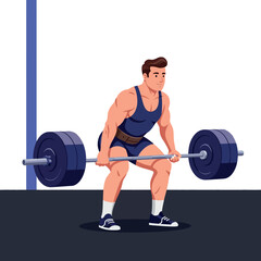 Muscular man deadlifting heavy barbell weightlifting strength training exercise vector 