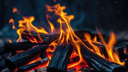 Red-hot charcoal and blazing firewood flames with textured burning surface in a wide banner layout