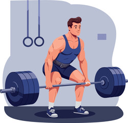 Muscular man lifting heavy barbell weight in gym workout training exercise vector  - obrazy, fototapety, plakaty