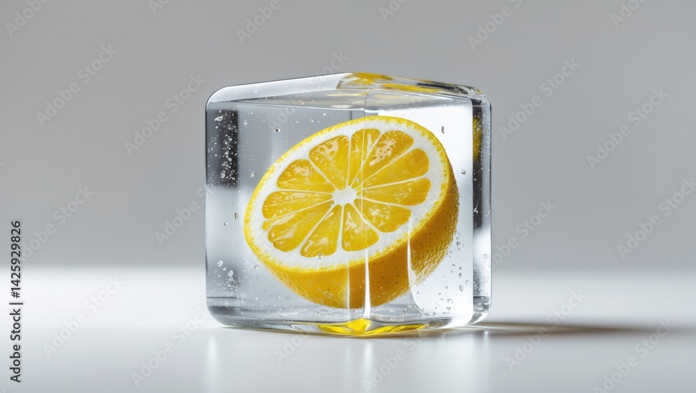 Poster lemon embedded in ice cube isolated on background