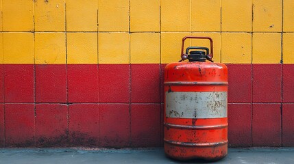Rusty orange fuel container against a yellow and red tiled wall