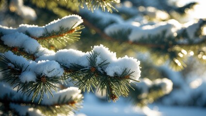 Fir branch covered in fluffy snow illuminated by sunlight -- natural landscape